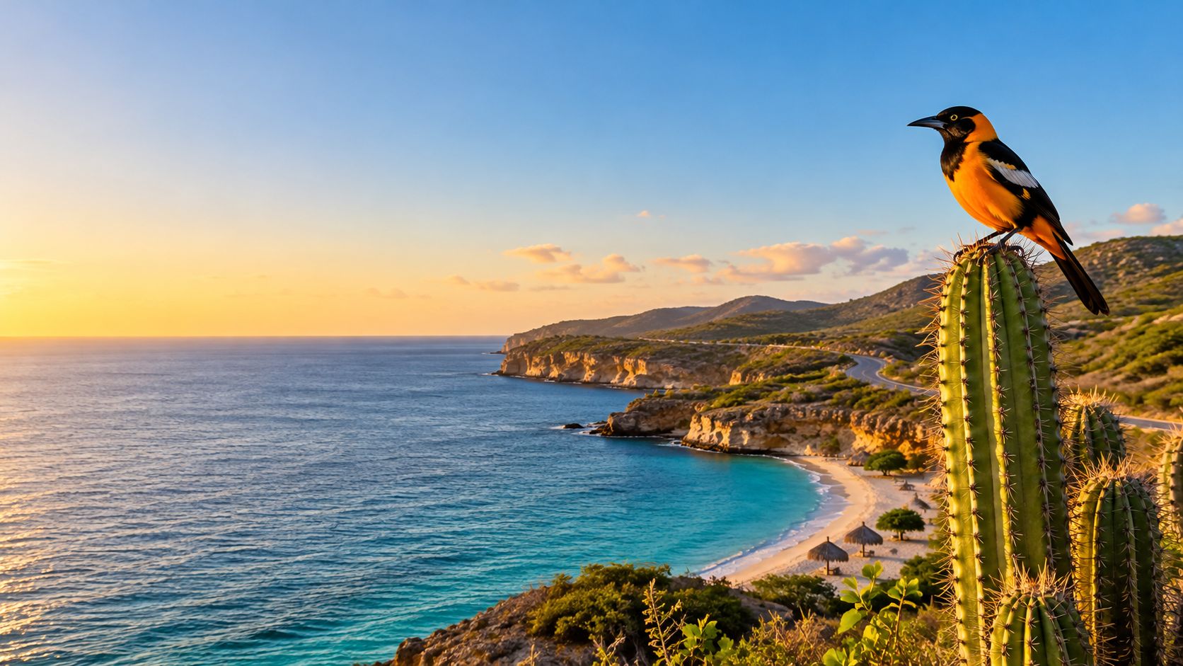 Een trupial op een cactus boven een baai aan de kust van Curaçao