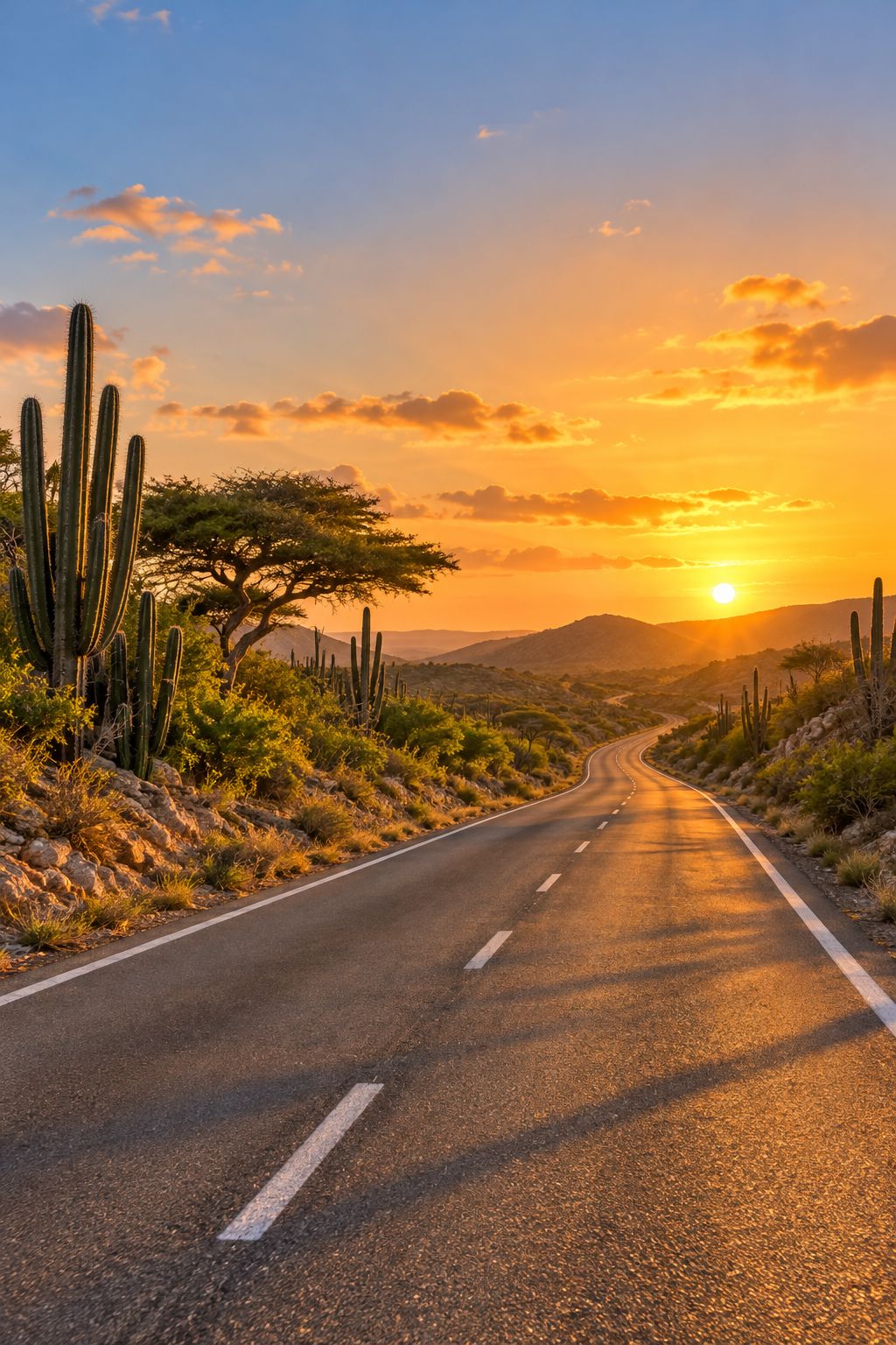 Een lege weg door het cunucu-landschap met cactussen bij zonsondergang
